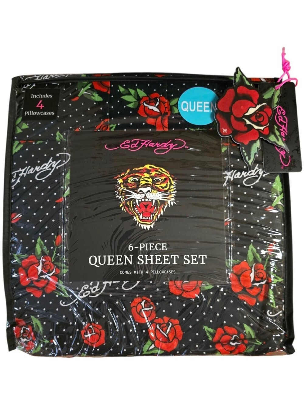 🌹 Ed Hardy 6 Piece Rose Polkadot Queen Sheet Set